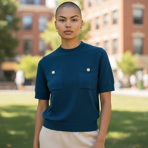 Ann Taylor Dark Teal Short-Sleeve Pocket Tee with Gold Buttons